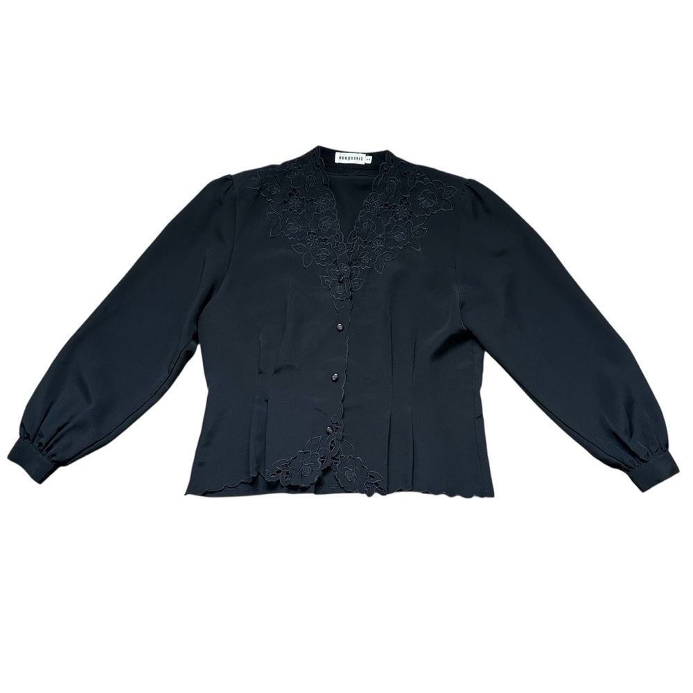 Vintage 90's Nonpareil Black Button Up Blouse Embroidered Neckline w/Cutouts - M - Picture 2 of 13